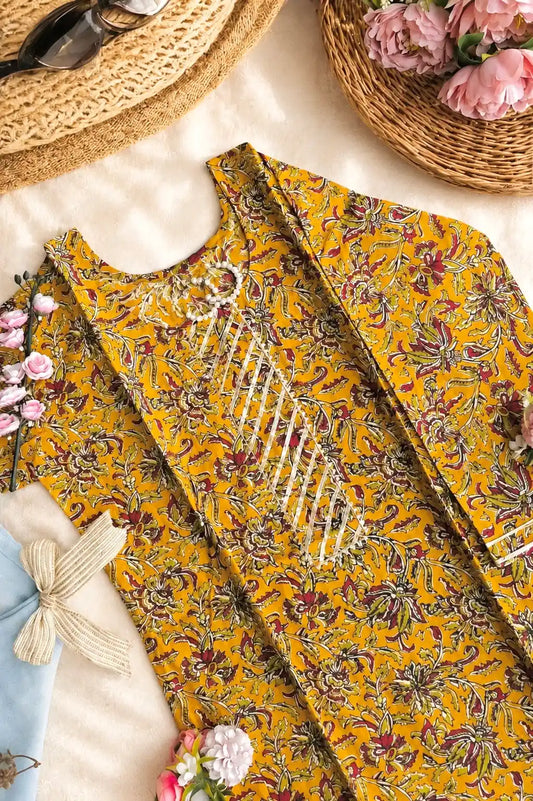Jaipuri Mustard Kalamkari Short Kurta