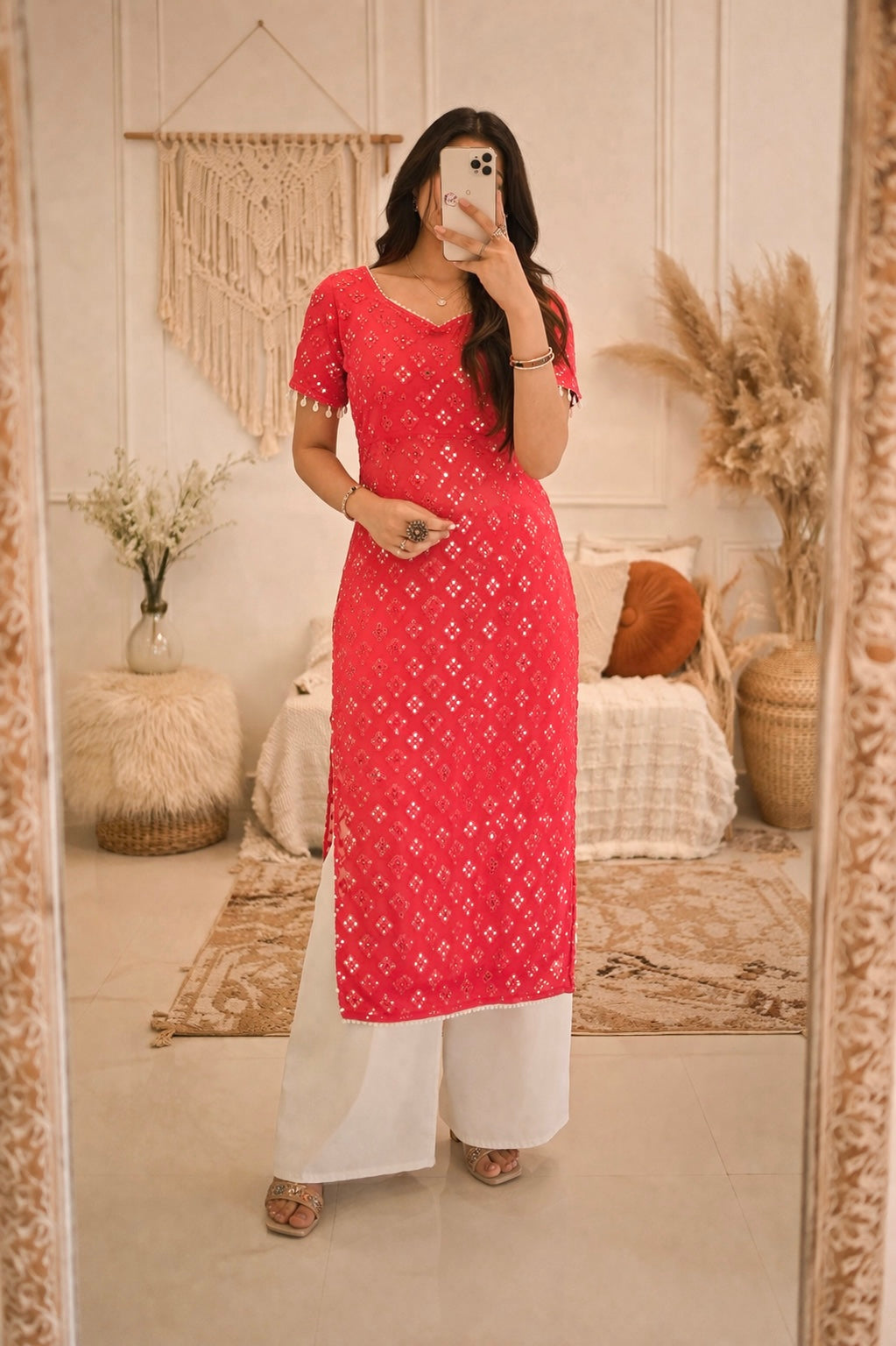 Hot Pink Embroidered Denim Gulnaz Kurta