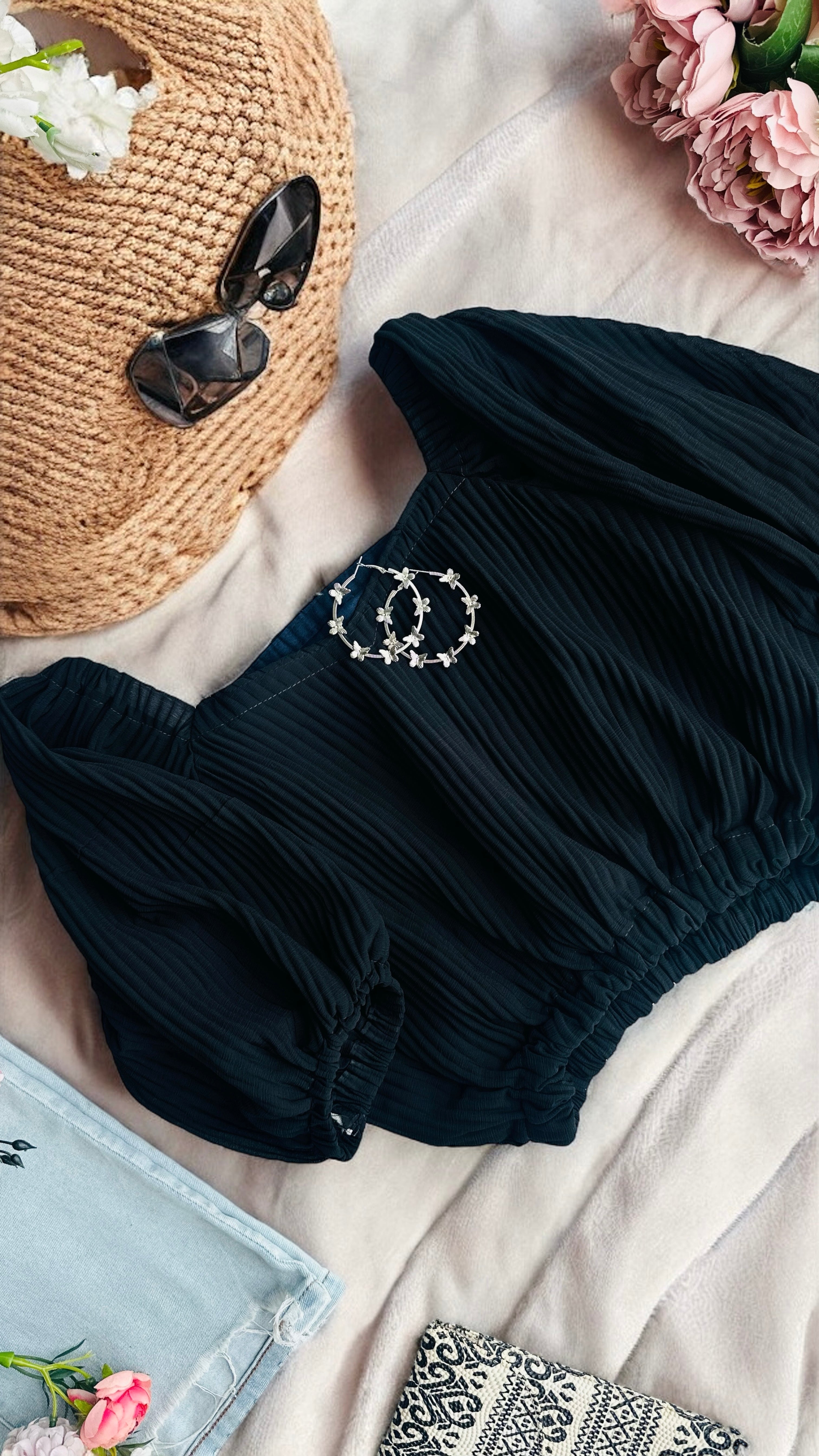Midnight Charm Smocked Crop Top