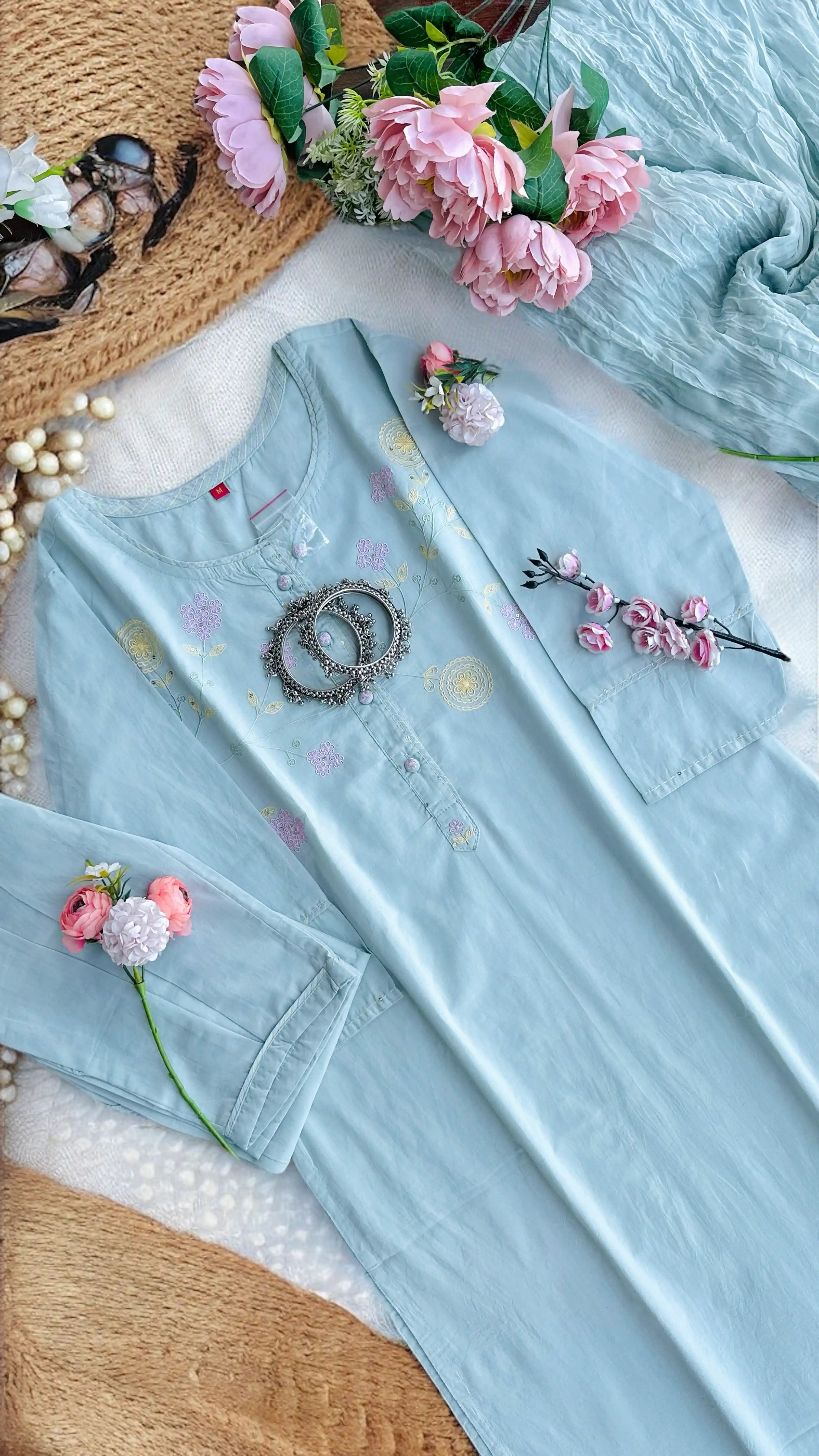 Pastel Aqua Blossom Kurta Set