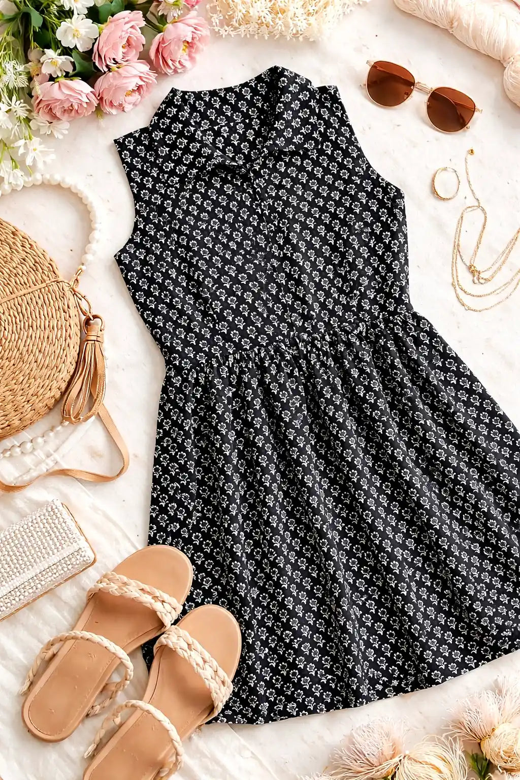 Black Block Print Collared Top