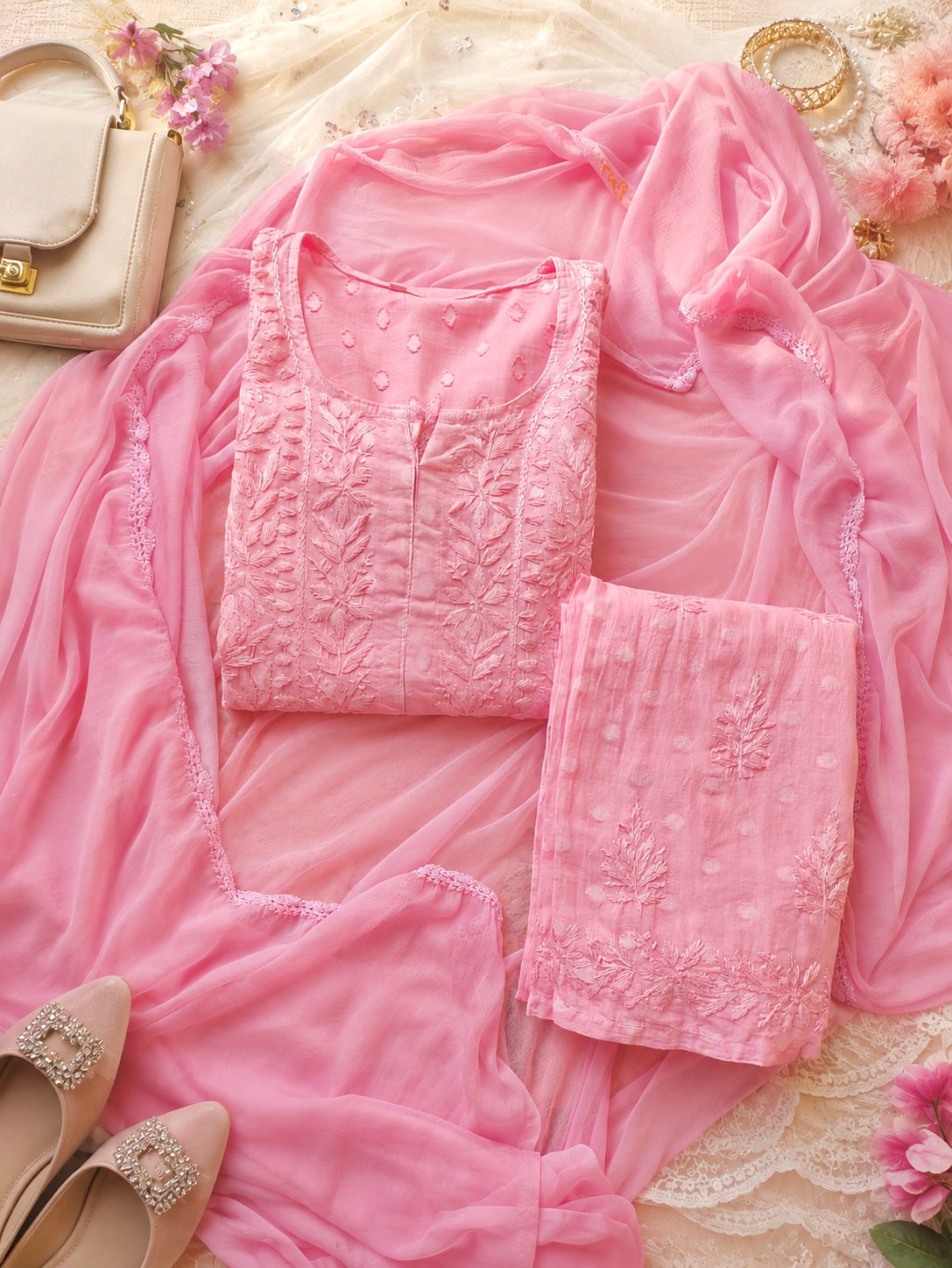 Pink Chikankari Embroidered Suit Set