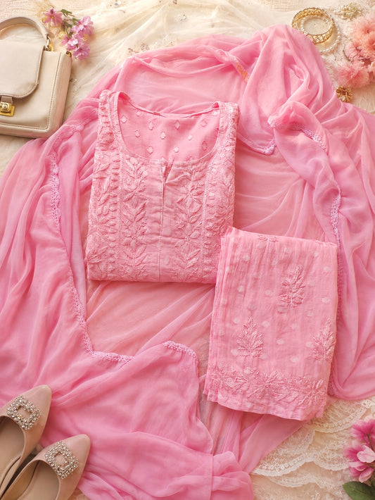 Pink Chikankari Embroidered Suit Set