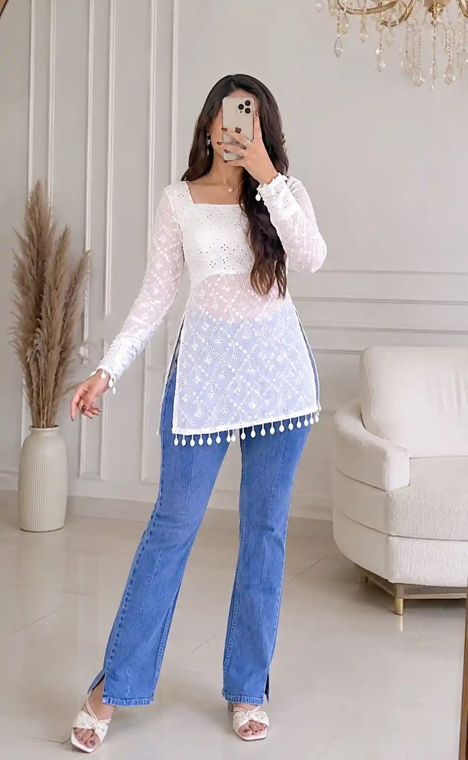 Rosy White Dori Gulnaz Embroidered Kurta