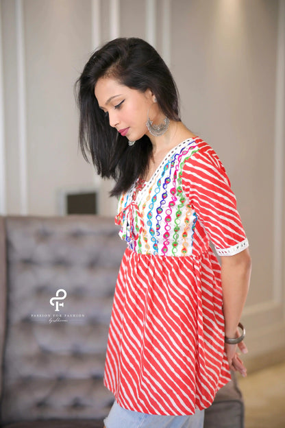 Flaming Orange Lehriya Short Kurta