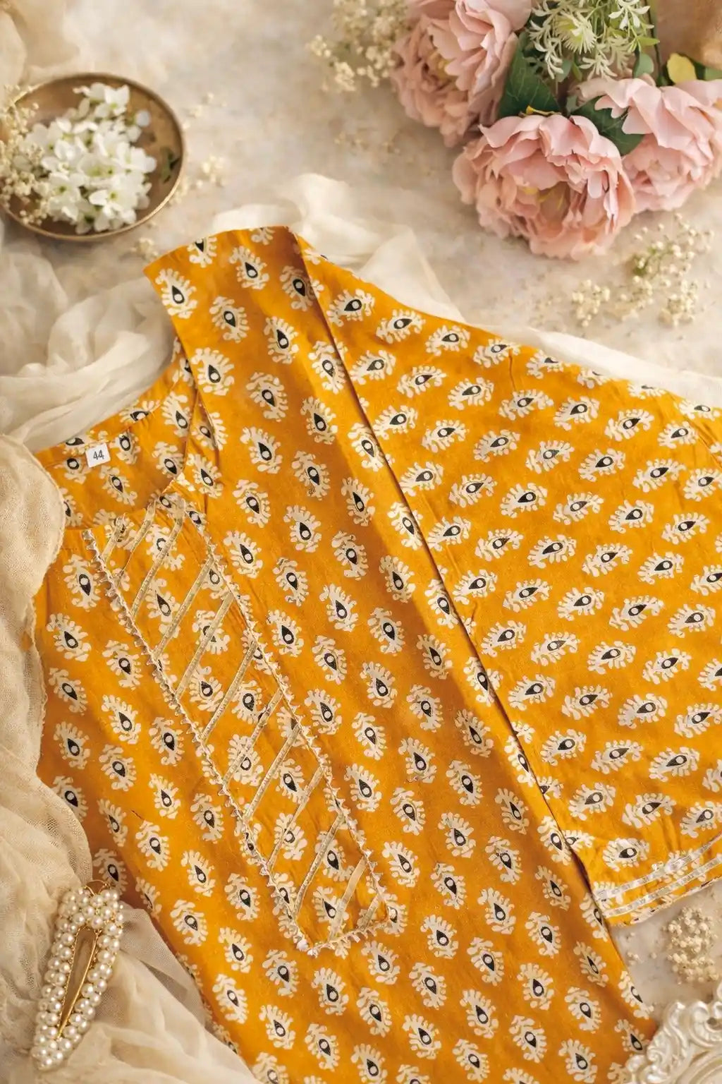 Mustard Handprinted Short Kurta