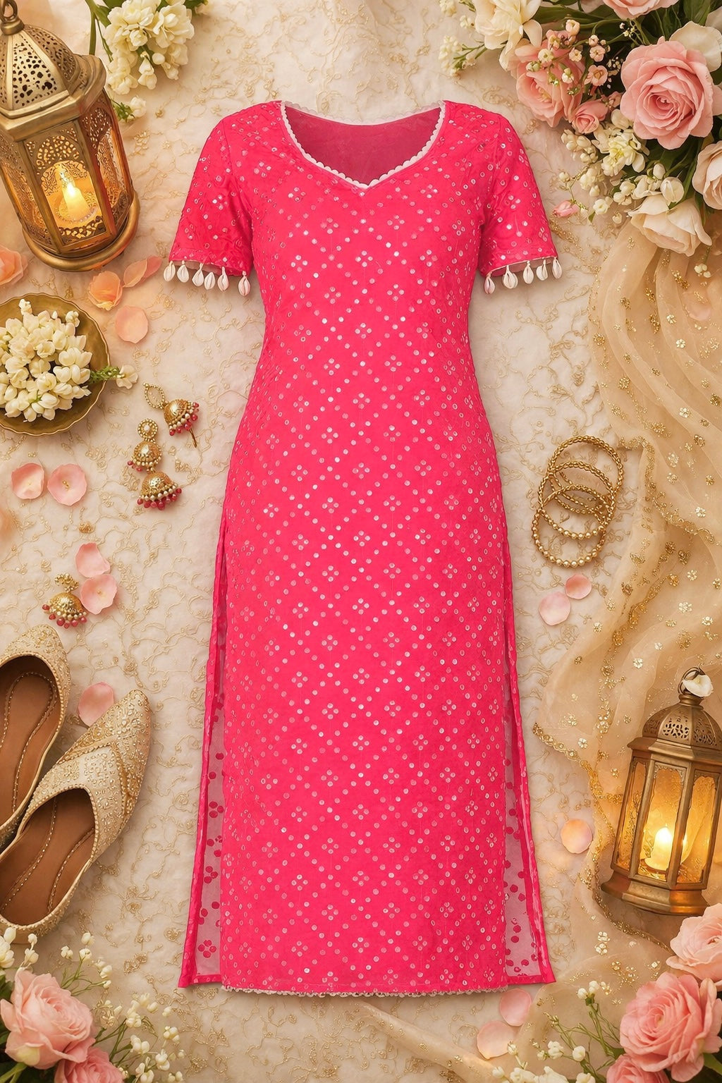Hot Pink Embroidered Denim Gulnaz Kurta