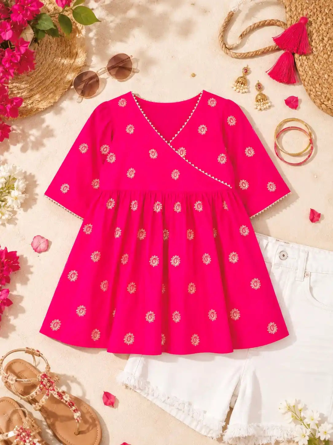 Pink Embroidered Angrakha Top