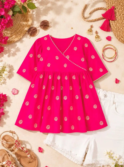 Pink Embroidered Angrakha Top