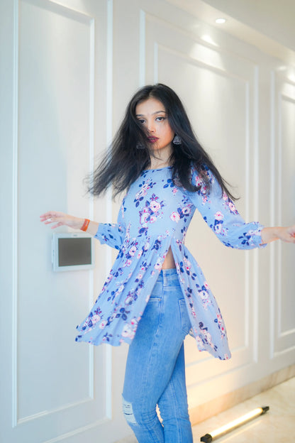 Asul Blue Floral Daisy Peplum Top