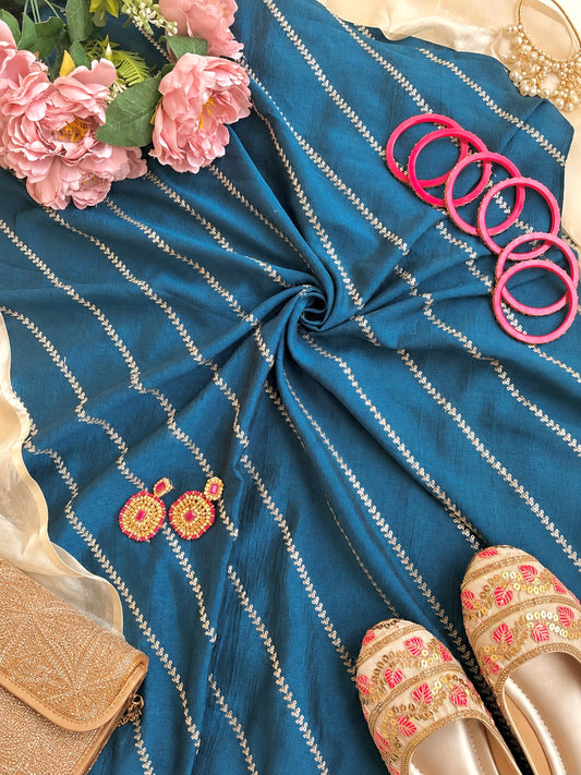 Luxury Teal Blue Gold Stripe Embellished Fabric Cut