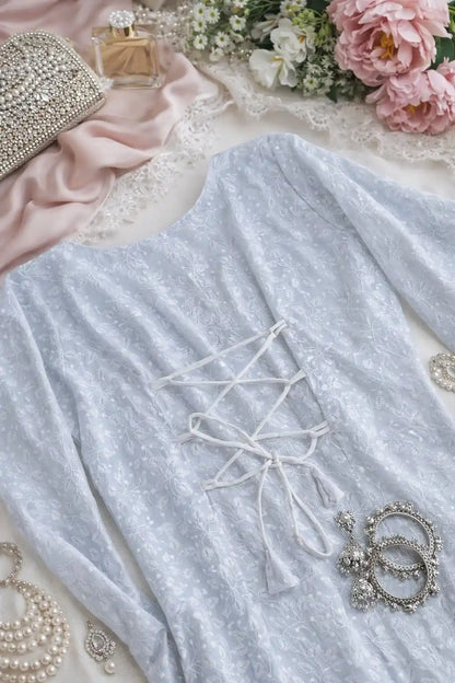 Gulnaz White Chikankari Lace-Up Kurta