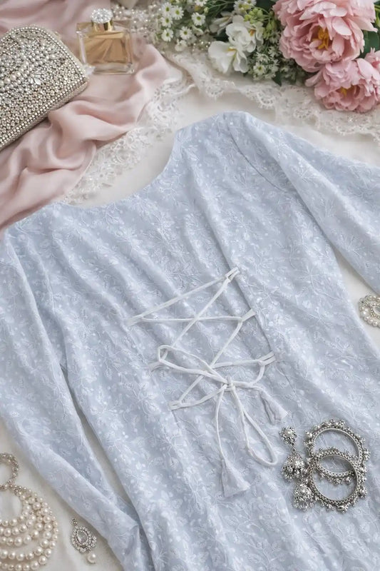 Gulnaz White Chikankari Lace-Up Kurta
