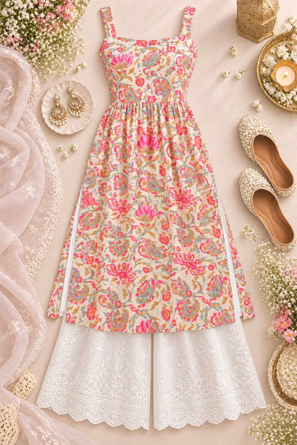 Gulnaz Blush Paisley Pleated Cotton Kurta