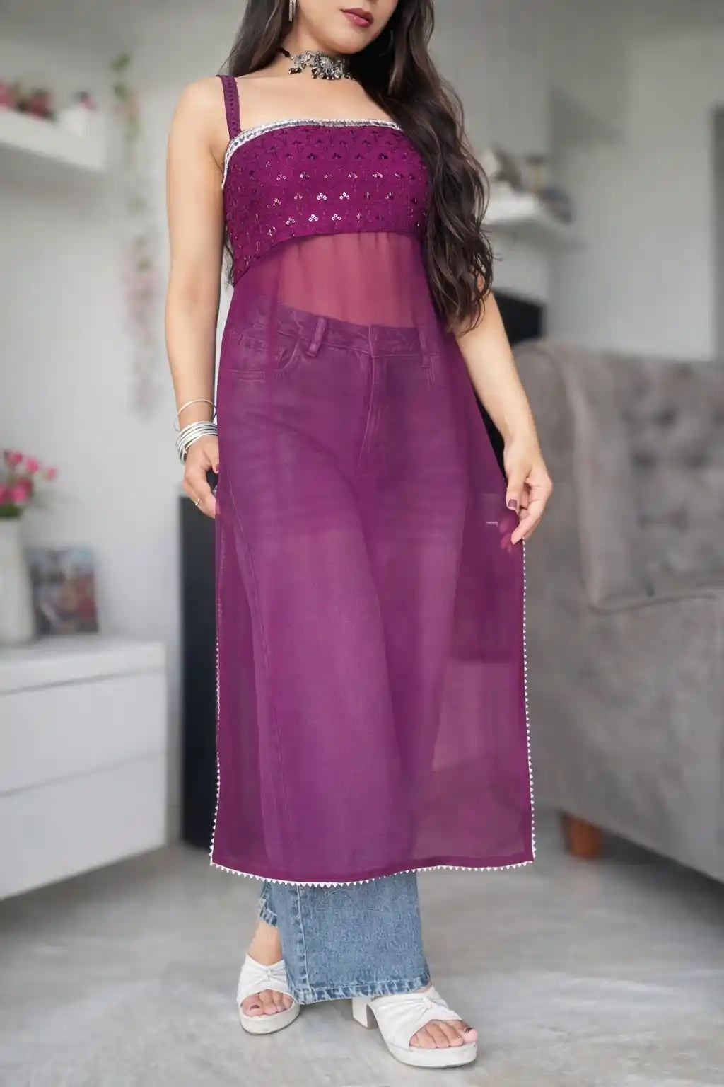 Ruhani Wine Embroidered Gulnaz Kurta