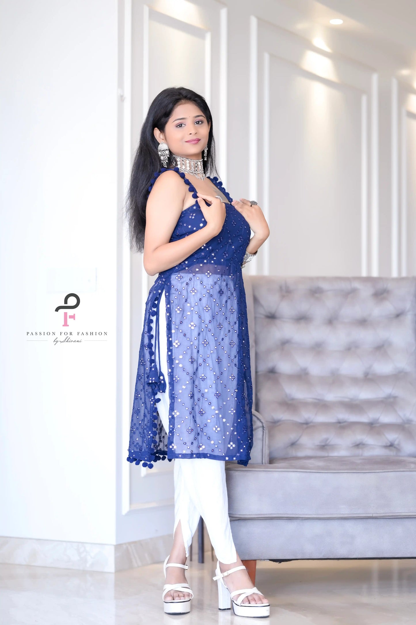 Shimmer Blue Embroidered Gulnaz Kurta