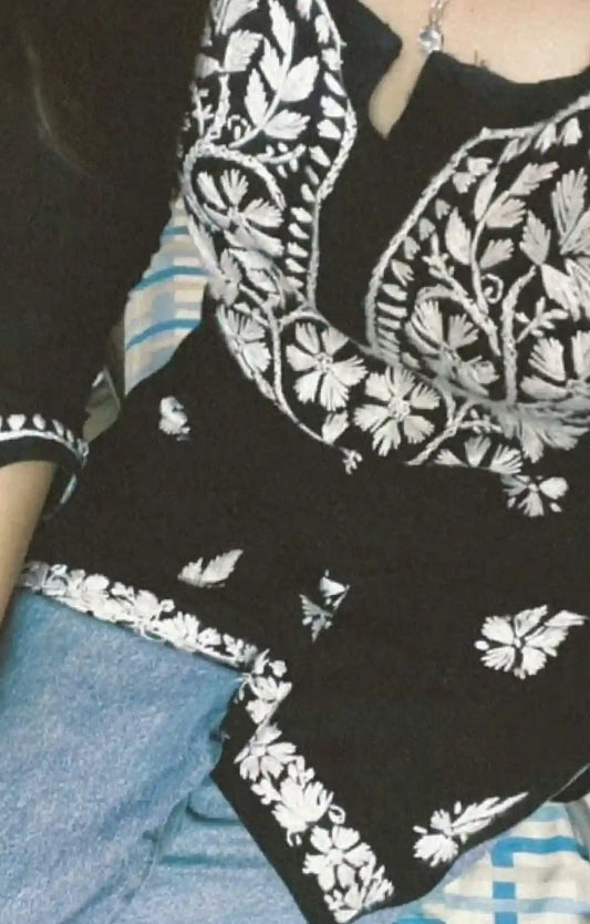 Silk Black Gulzar Chikan Kurta