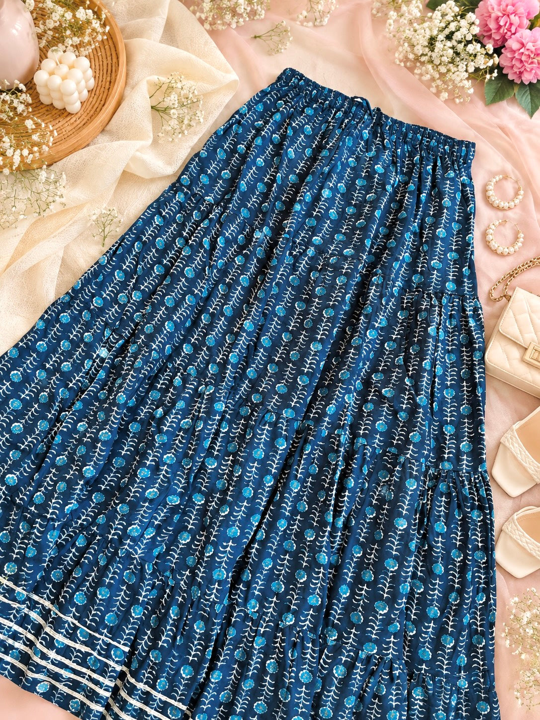 Rustic Jaipuri Indigo Flared Twirl Skirt
