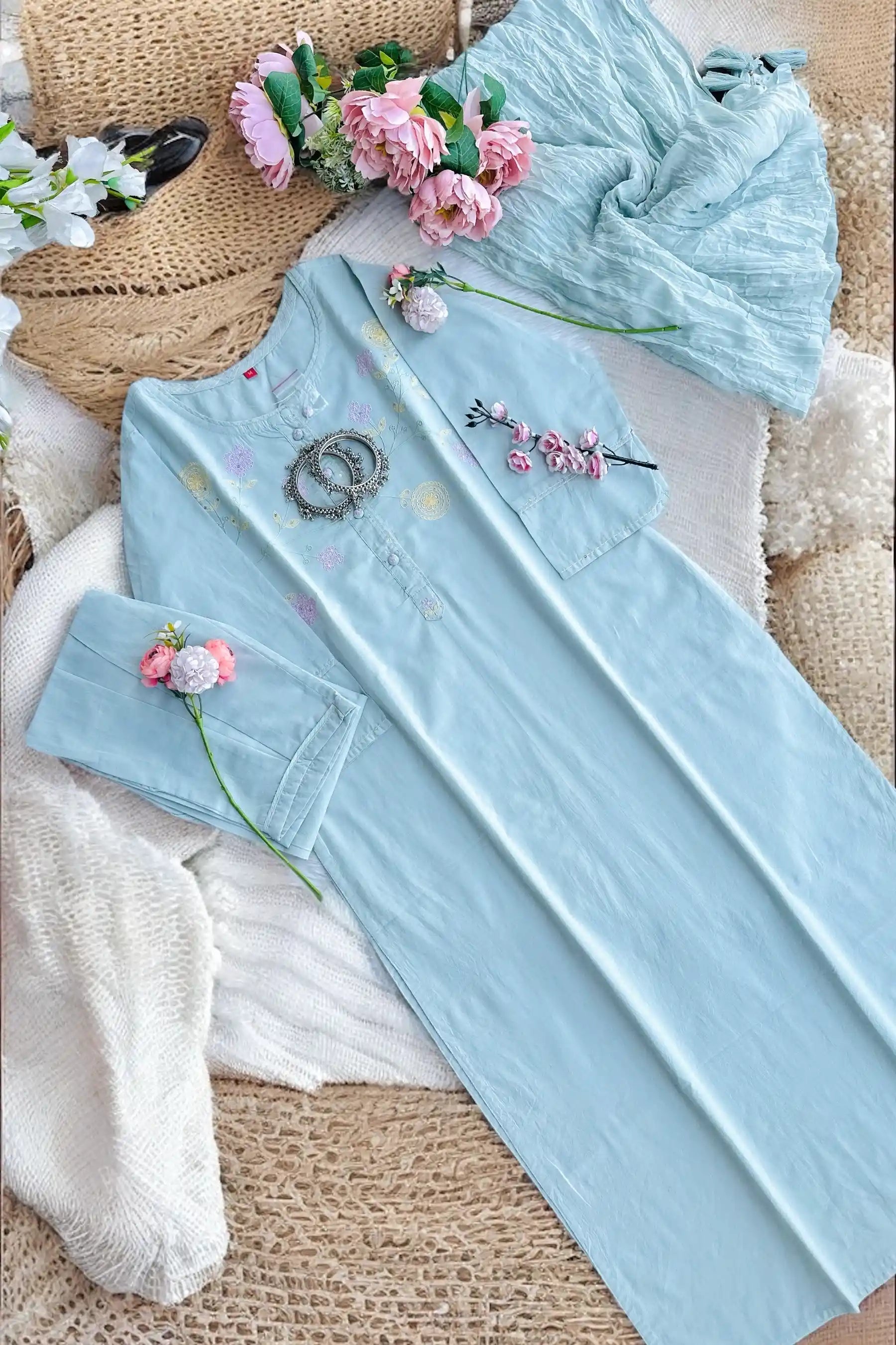 Pastel Aqua Blossom Kurta Set