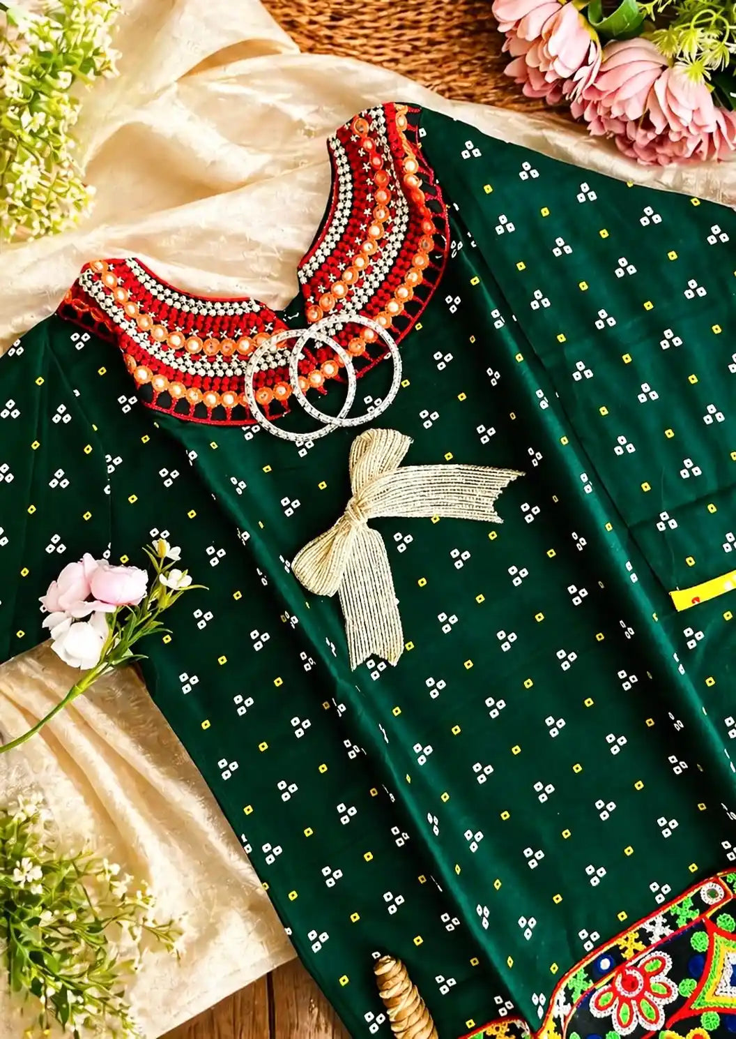 Green Bandhej Gamti Kurta