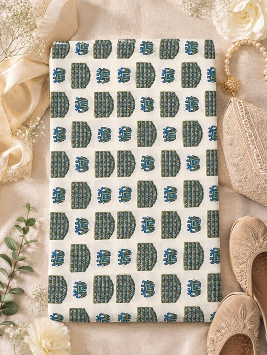 Teal Blue Elephant Print Cotton Fabric Cut