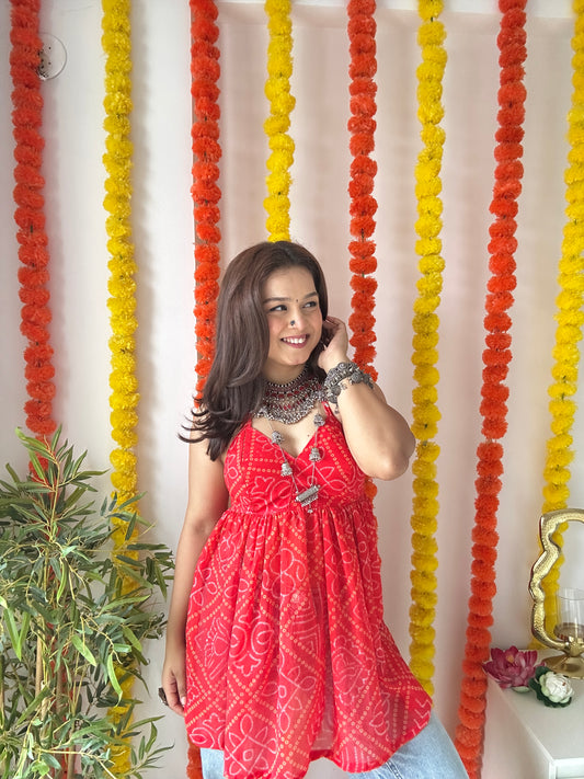 Ayesha’s Red Bandhej Peplum Top