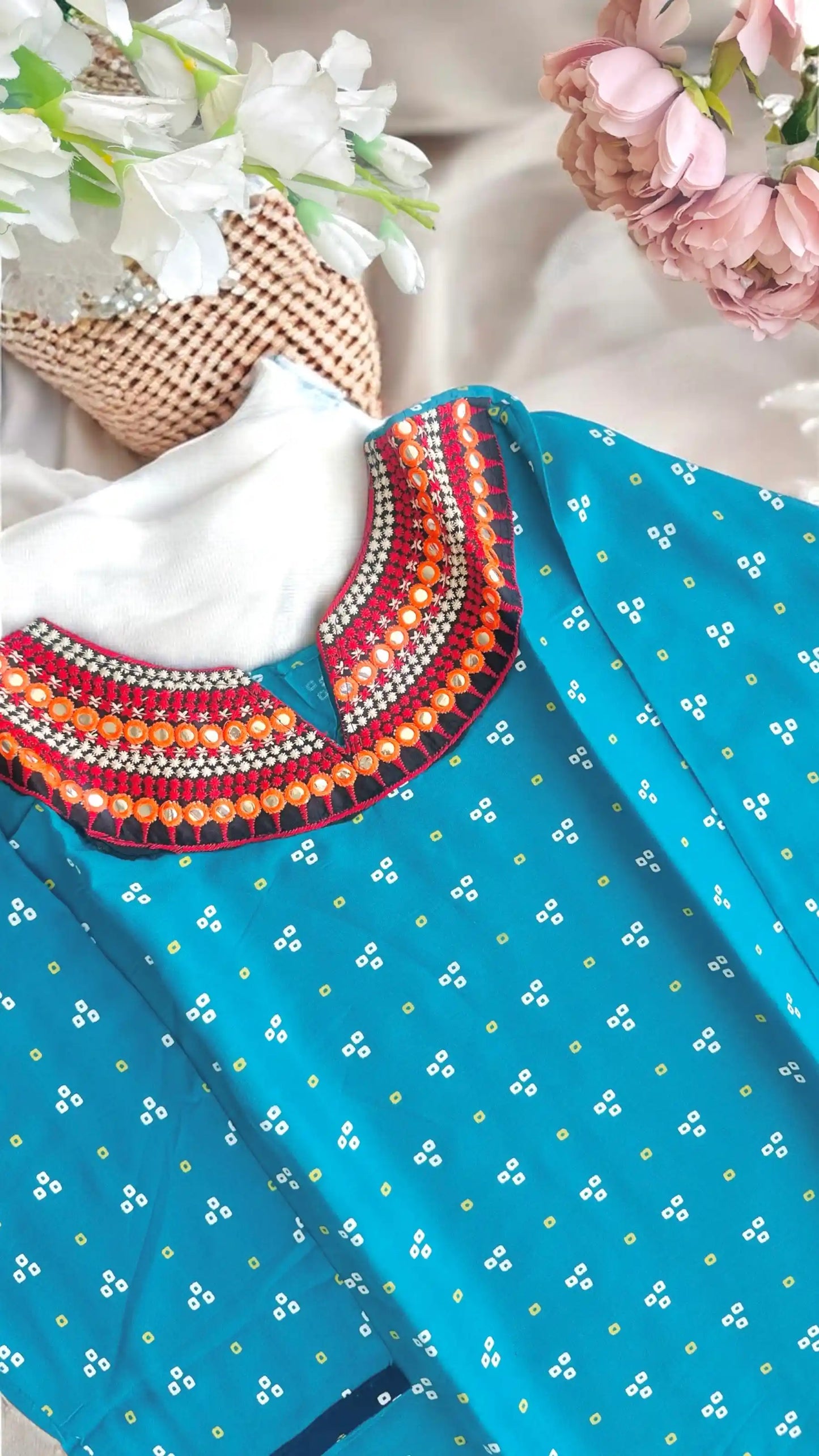 Gold Blue Bandhej Short Kurta