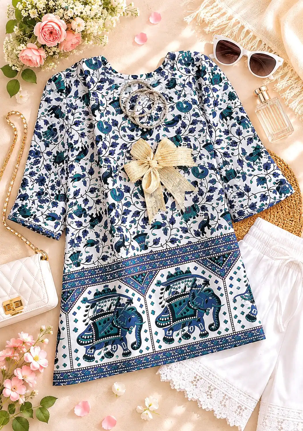 White Handprinted Short Kurta
