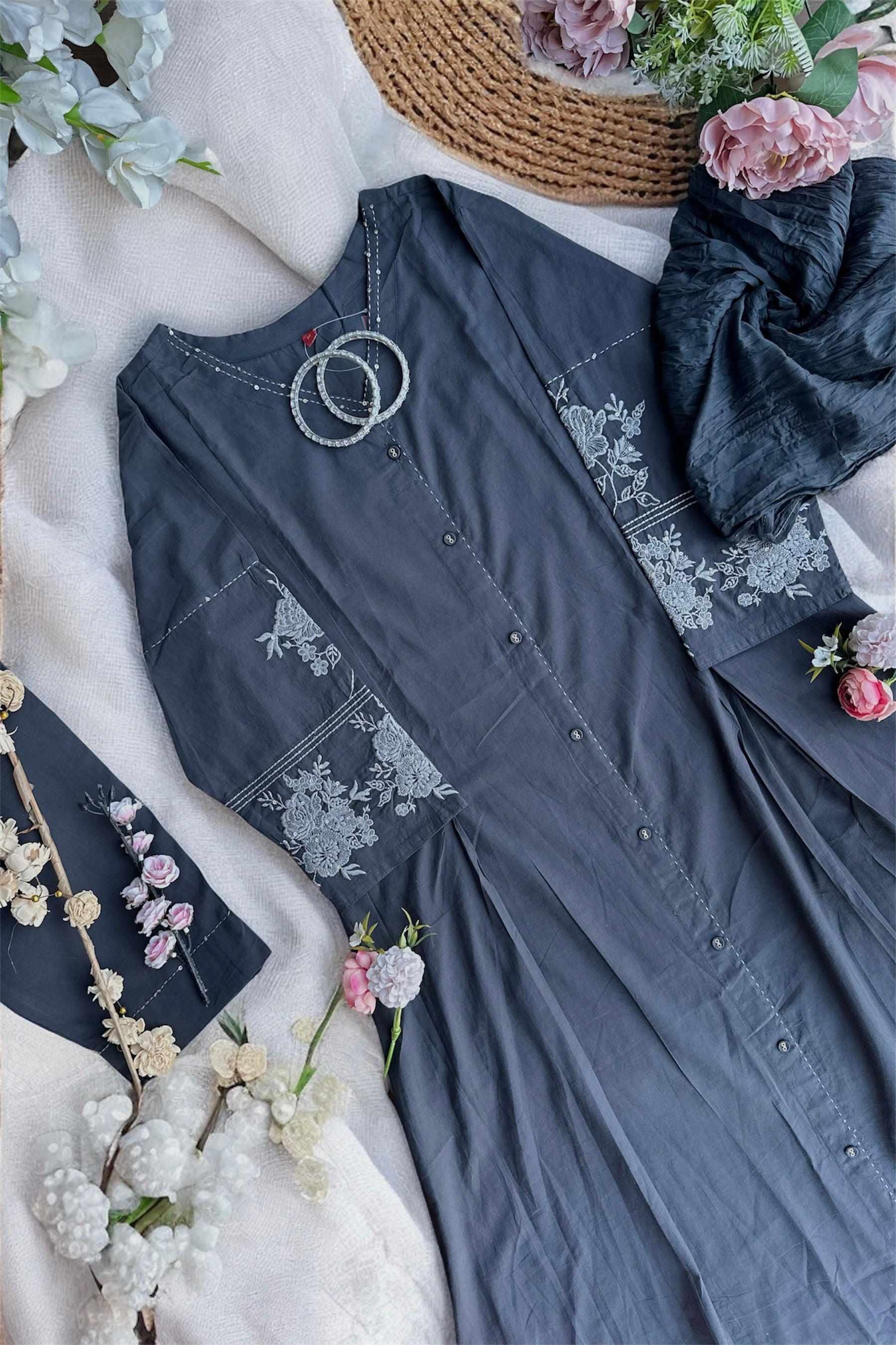 Meher Charcoal Embroidered Suit Set