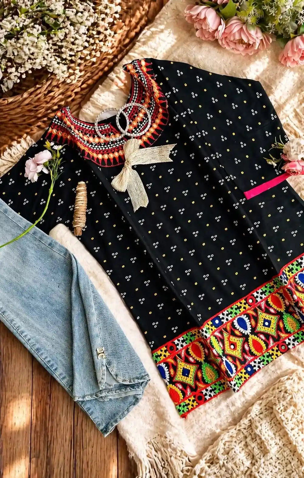 Black Bandhej Gamti Kurta