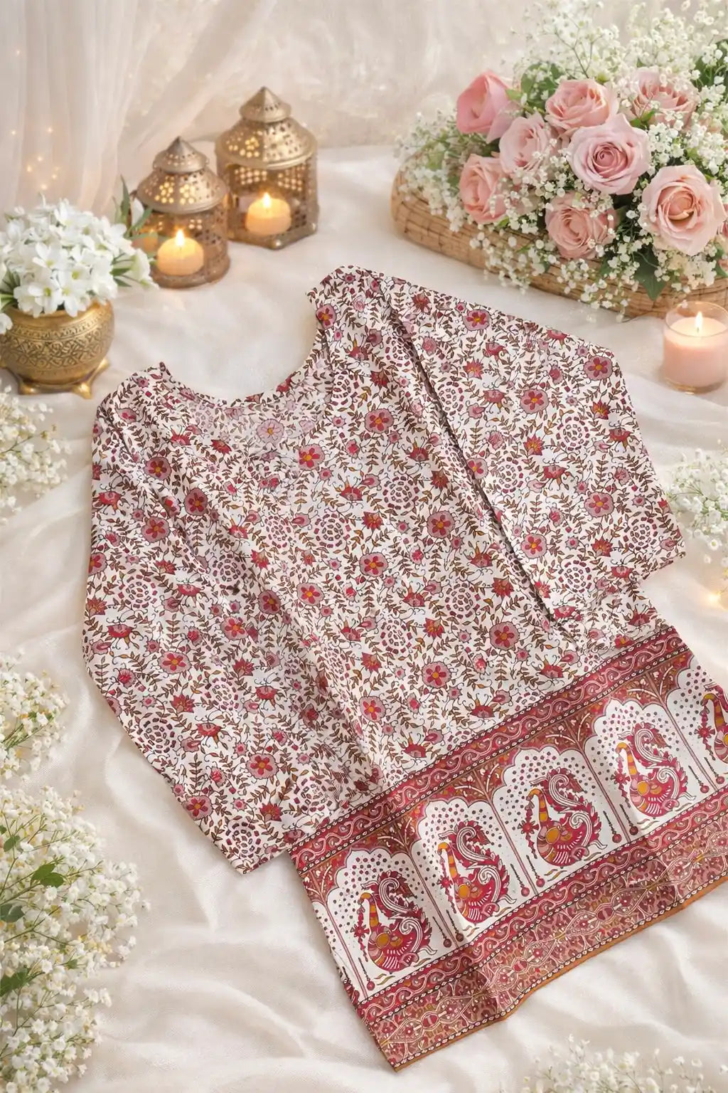 Jaipuri Maroon Peacock Short Kurta