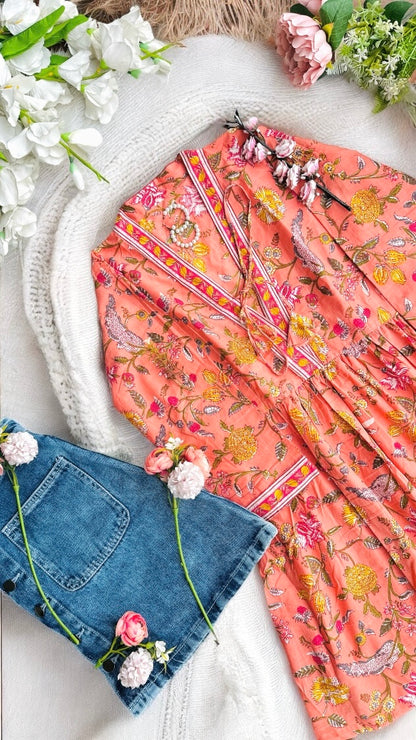 Pretty Peach Kalamkari Short Denim Kurta