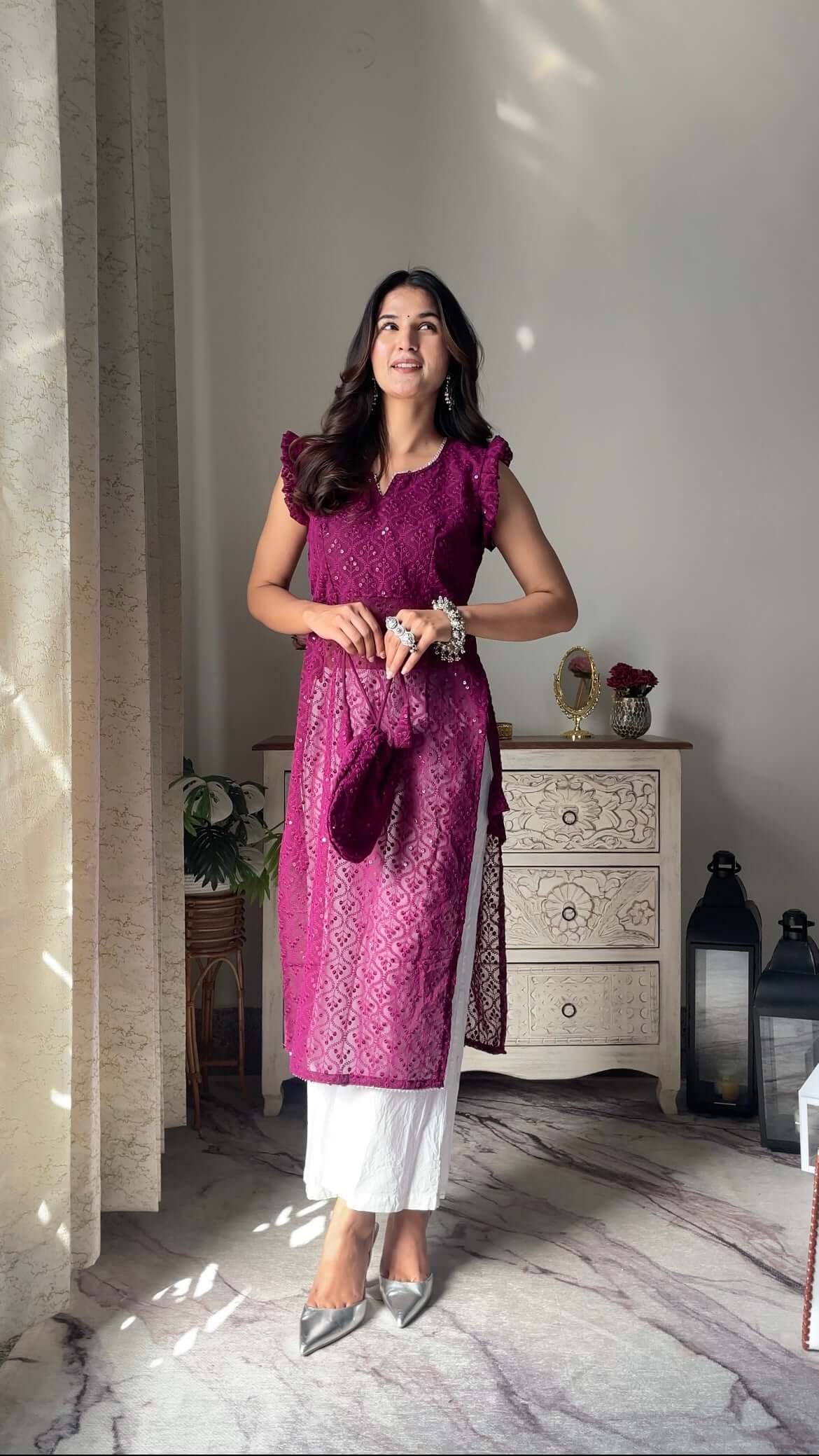 Swati's Plum Wine Frill Gulnaz Kurta