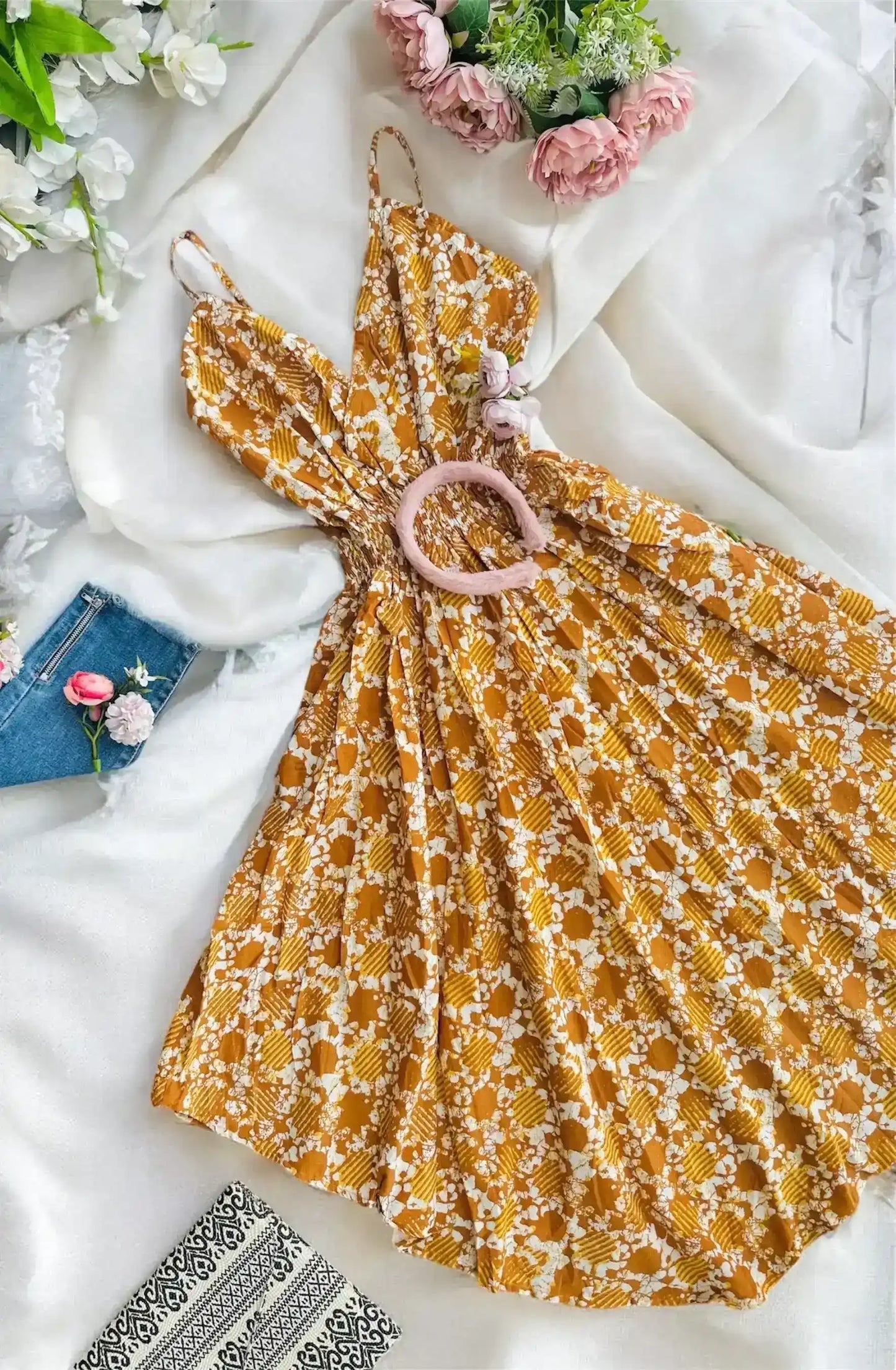 Batique Mustard Smoky Twirl Dress