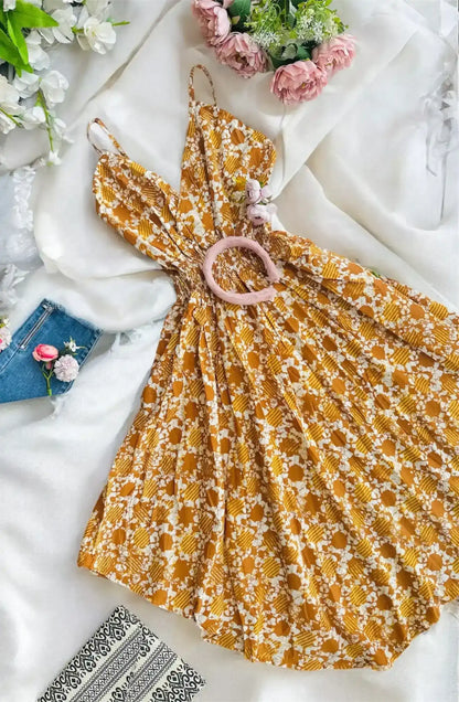 Batique Mustard Smoky Twirl Dress