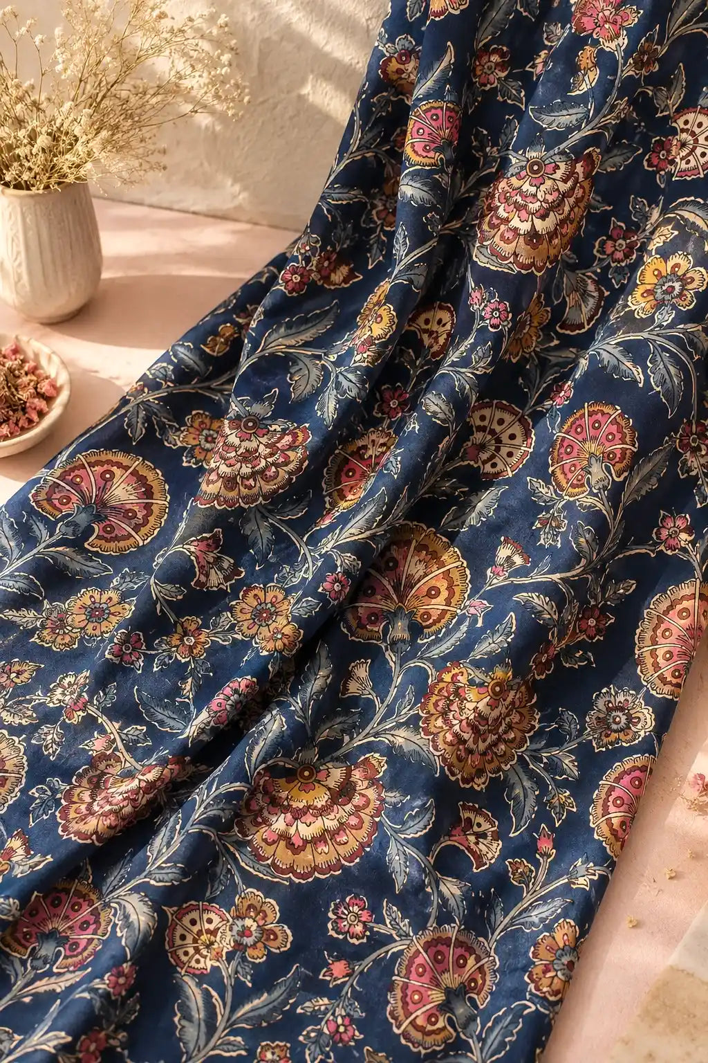 Midnight Blue Floral Handblock Print Cotton Fabric