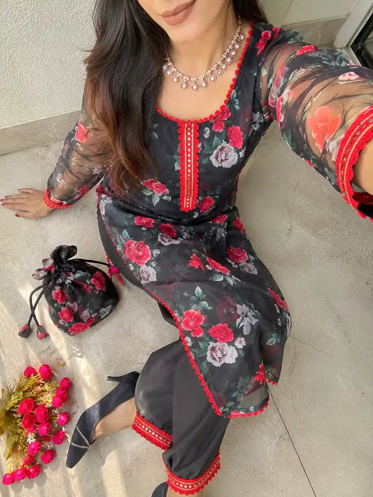 Floral Black Gulnaz Organza Ensemble