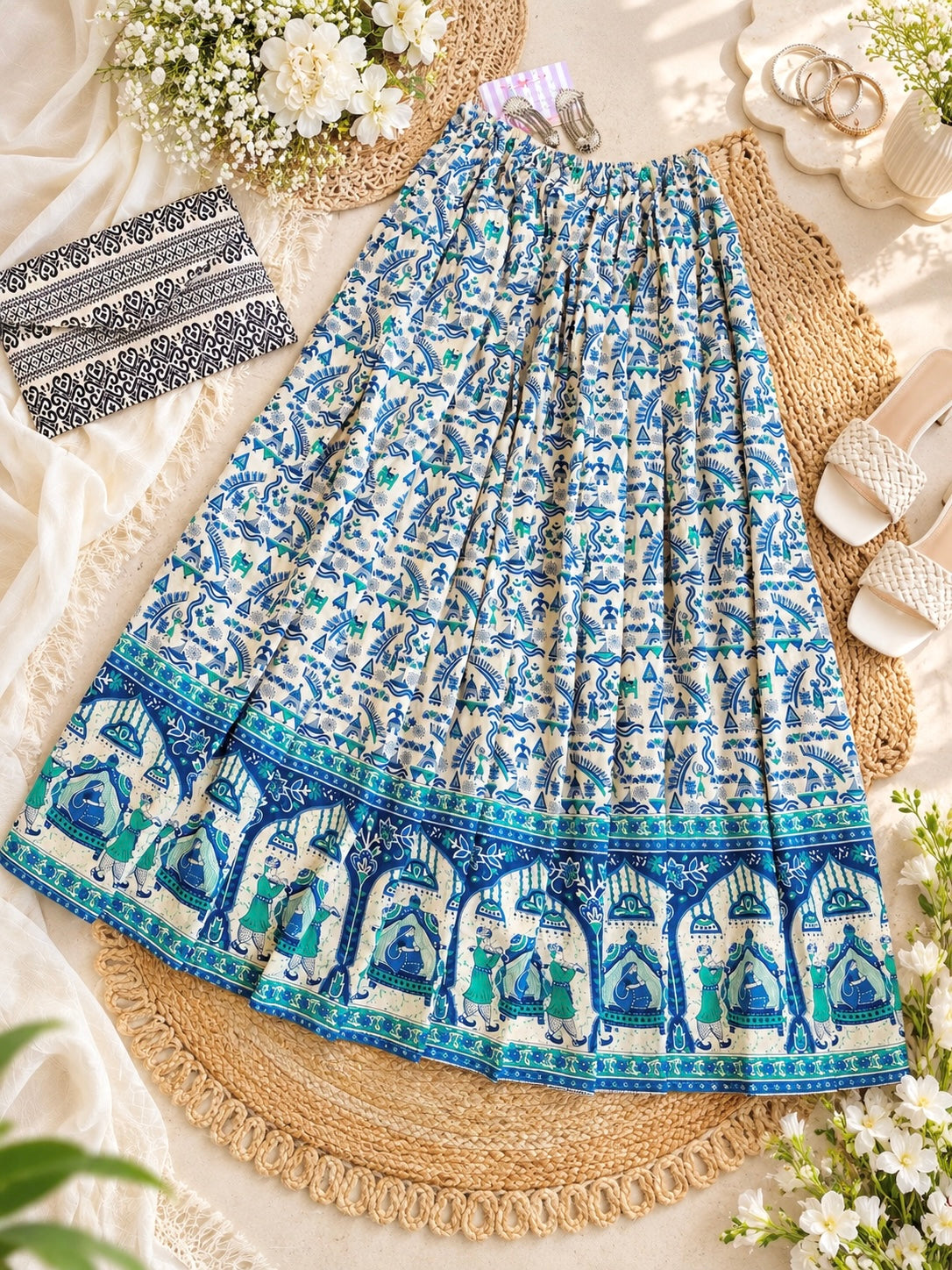 Blue Jaipuri Folk Art Printed Twirl Skirt