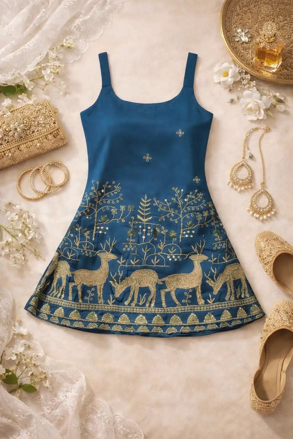 Teal Blue Hand Embroidered Kurta
