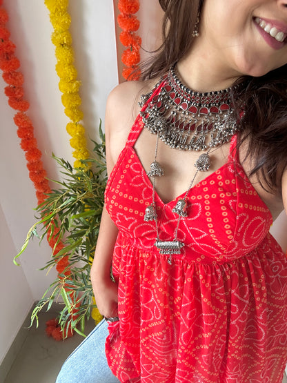 Ayesha’s Red Bandhej Peplum Top