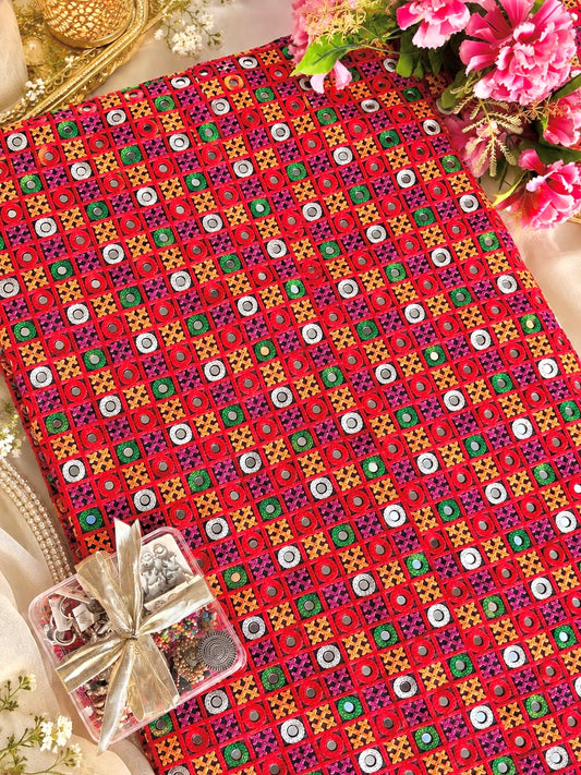 Red Multicolor Traditional Embroidered Fabric Cut