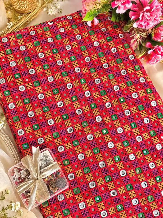 Red Multicolor Traditional Embroidered Fabric Cut