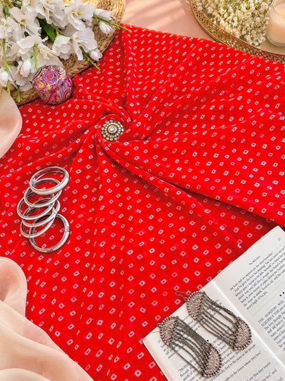 Ruby Red Bandhej Gulnaz Fabric Cut