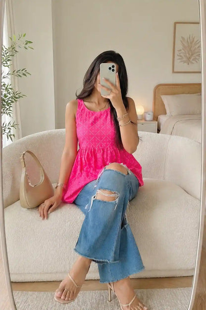 Pink Bandhej Jaipuri Short Top