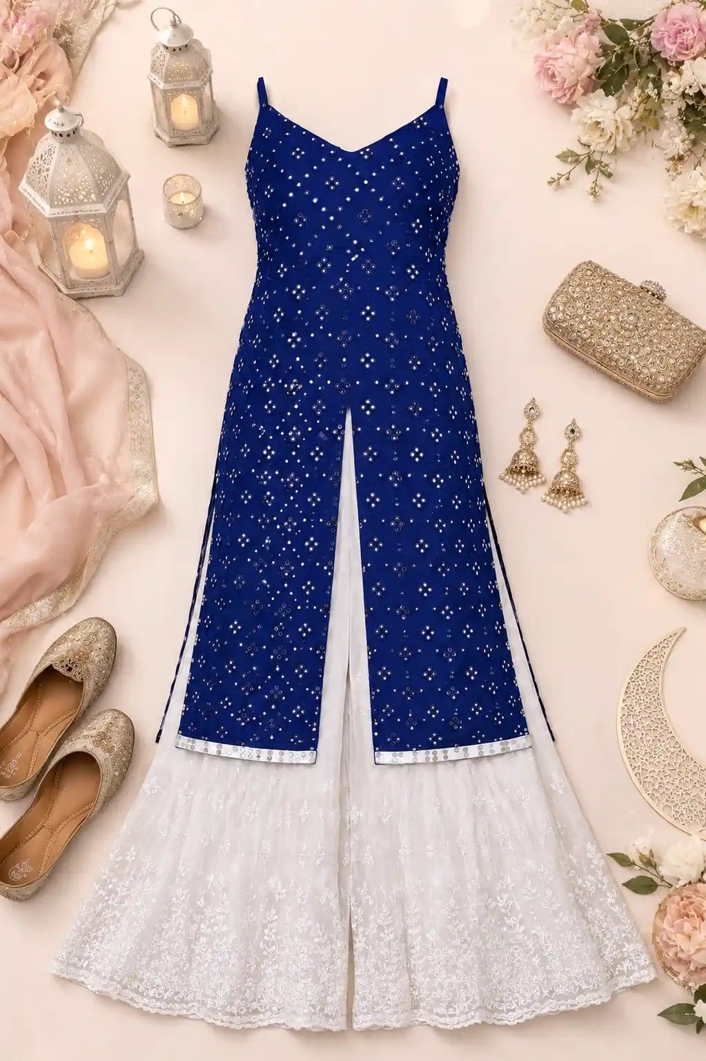 Dazzle Blue Mirror Embroidered Gulnaz Kurta