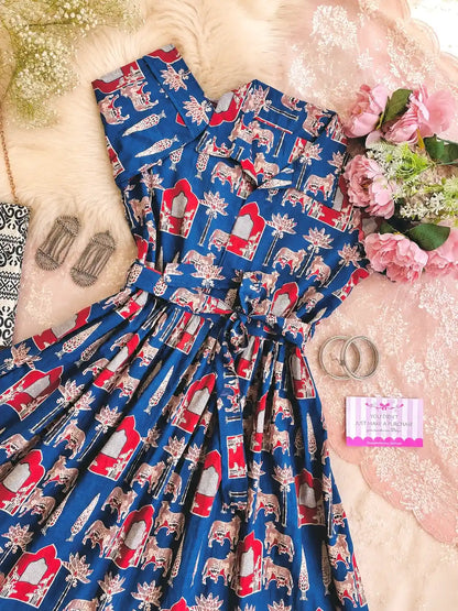 Blue Worli Collar Flared Dress