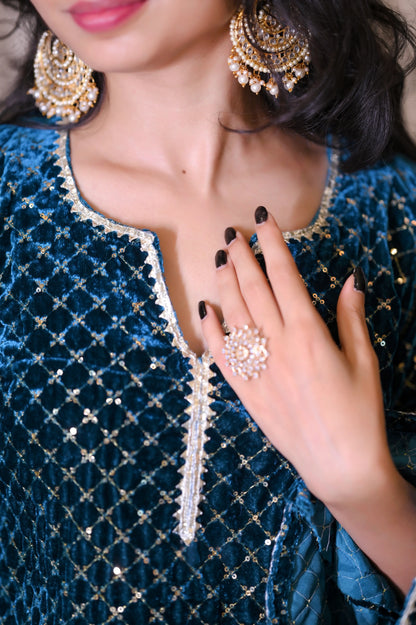 Gold Turquiose Embroidered Gulnaz Kurta