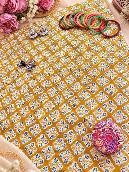 Mustard Yellow Floral Butti Printed Fabric Cut
