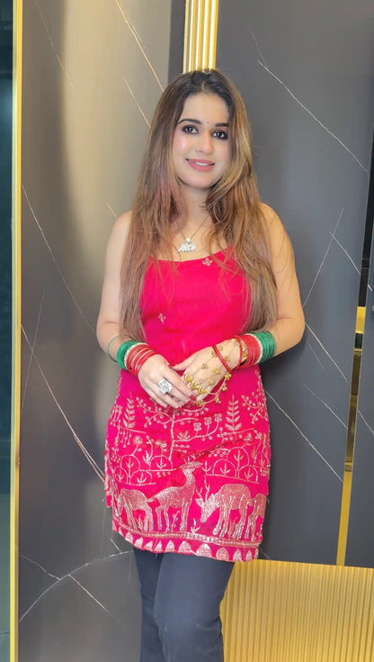 Hot Pink Hand Embroidered Kurta