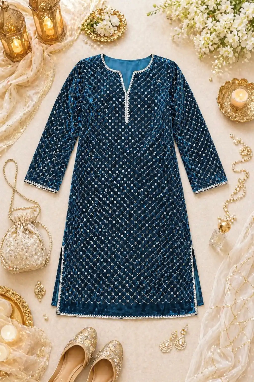 Gold Turquiose Embroidered Gulnaz Kurta